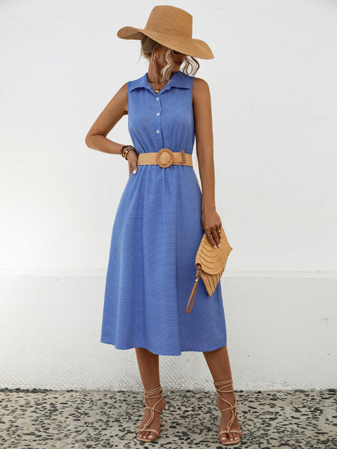 Striped Collared Neck Sleeveless Midi Dress Trendsi