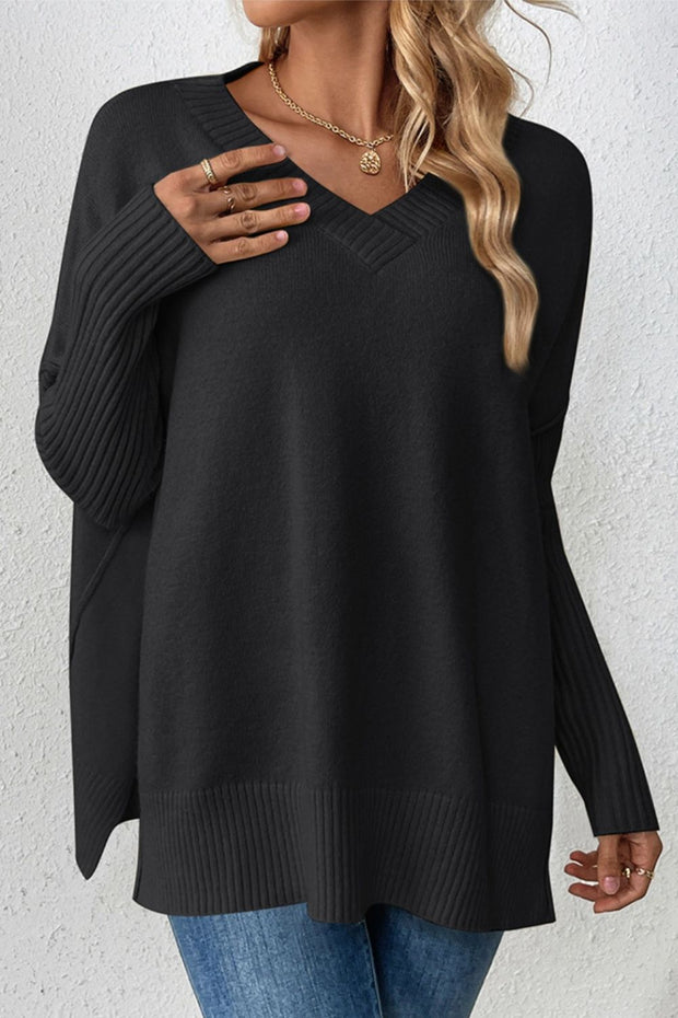 Slit V-Neck Dropped Shoulder Sweater Trendsi