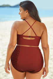 Full Size Halter Neck Crisscross Ruched Two-Piece Swimsuit Trendsi