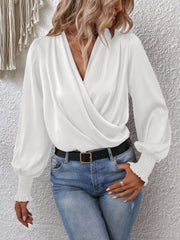 Surplice Smocked Lantern Sleeve Blouse Trendsi