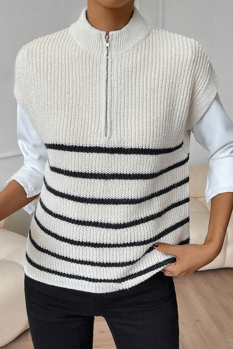 Striped Mock Neck Half Zip Sweater Vest Trendsi