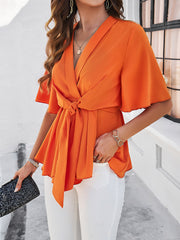 Surplice Tie Waist Half Sleeve Blouse Trendsi