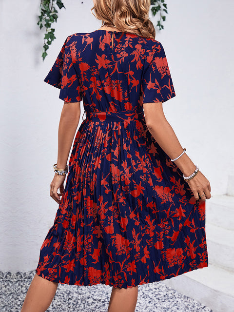 Printed Round Neck Short Sleeve Dress Trendsi