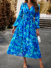 Printed V-Neck Long Sleeve Midi Dress Trendsi