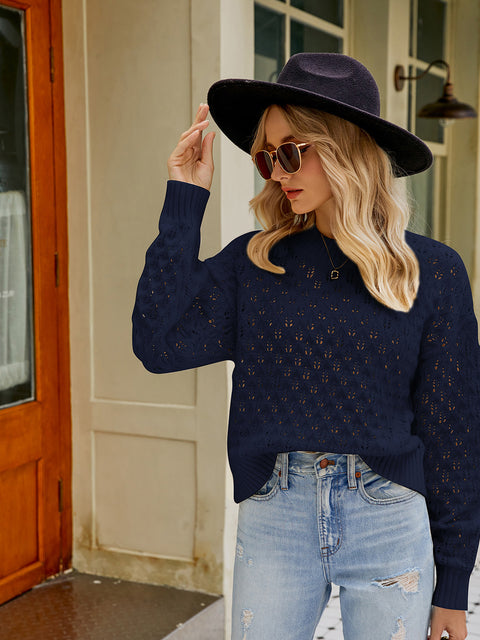 Openwork Round Neck Sweater Trendsi