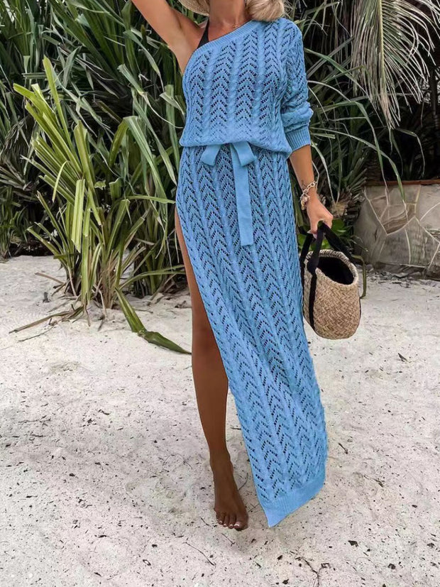 Slit Openwork Single Shoulder Knit Cover Up Dress