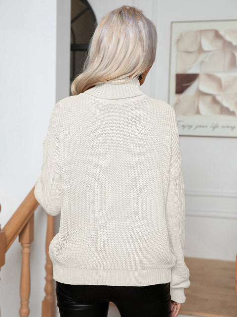 Turtleneck Cable-Knit Long Sleeve Sweater Trendsi