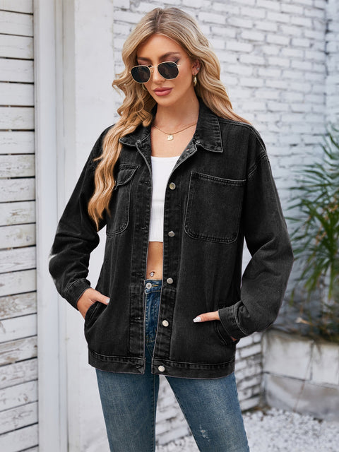 Pocketd Button Up Detachable Hooded Denim Jacket Trendsi