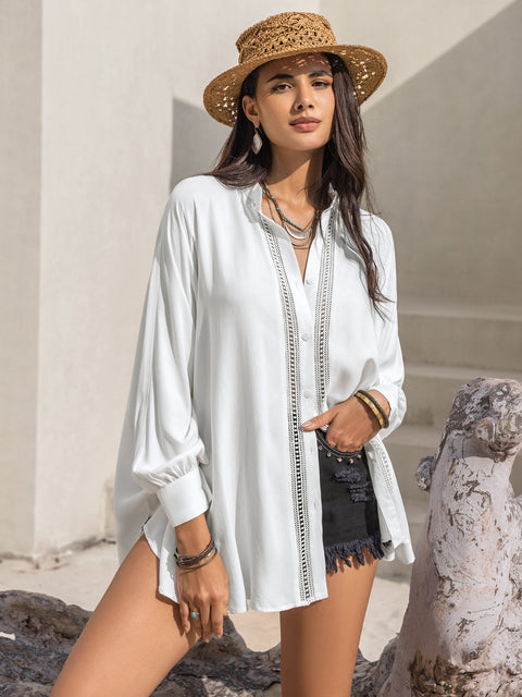 Openwork Button Up Long Sleeve Shirt Trendsi