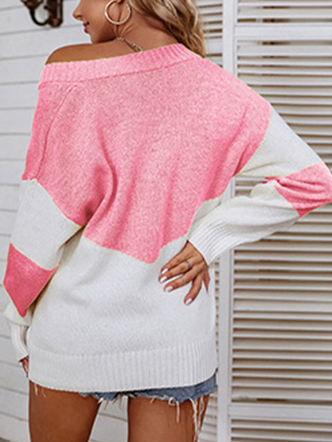 Color Block V-Neck Sweater Trendsi