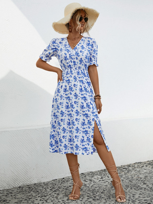 Slit Printed V-Neck Short Sleeve Dress Trendsi