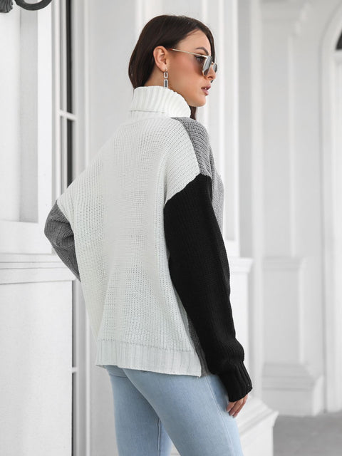 Contrast Turtleneck Long Sleeve Sweater Trendsi