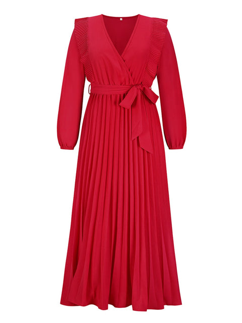 Pleated Surplice Tie Waist Maxi Dress Trendsi