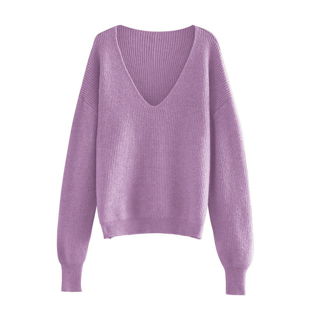 V-Neck Dropped Shoulder Long Sleeve Sweater Trendsi