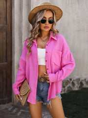 Textured Pocketed Button Up Dropped Shoulder Shirt Trendsi