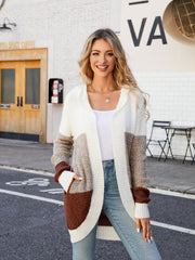 Color Block Open Front Hooded Cardigan Trendsi