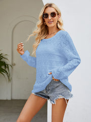 Round Neck Openwork Long Sleeve Knit Top Trendsi