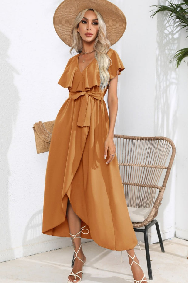 Ruffled Tied V-Neck Midi Dress Trendsi