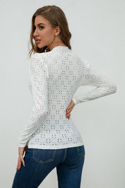 Round Neck Eyelet Long Sleeve Blouse Trendsi