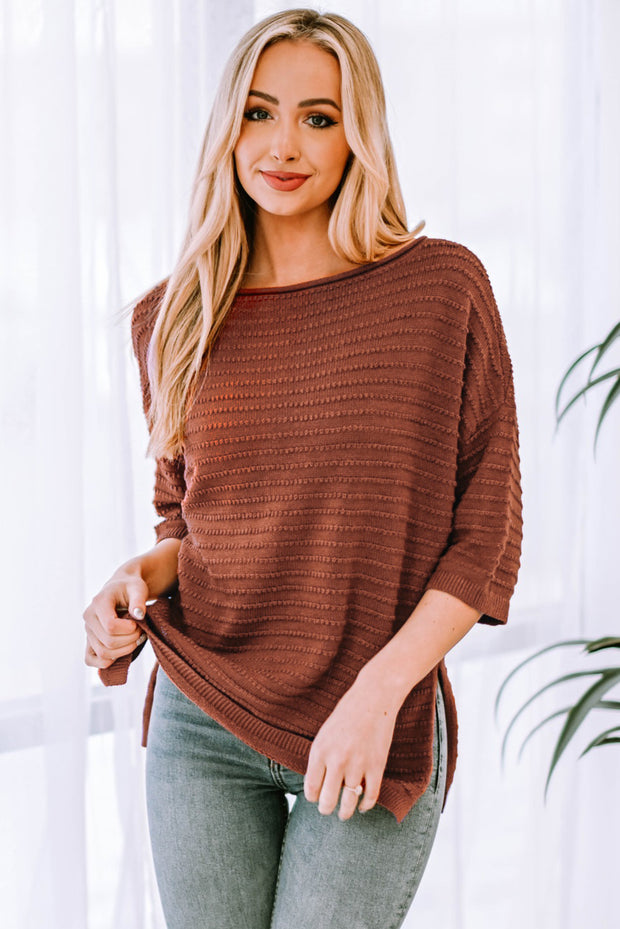 Round Neck Dropped Shoulder Side Slit Pullover Sweater Trendsi