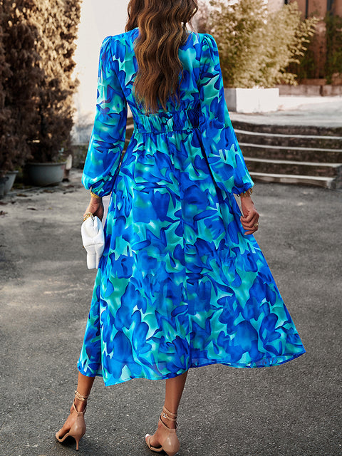 Printed V-Neck Long Sleeve Midi Dress Trendsi