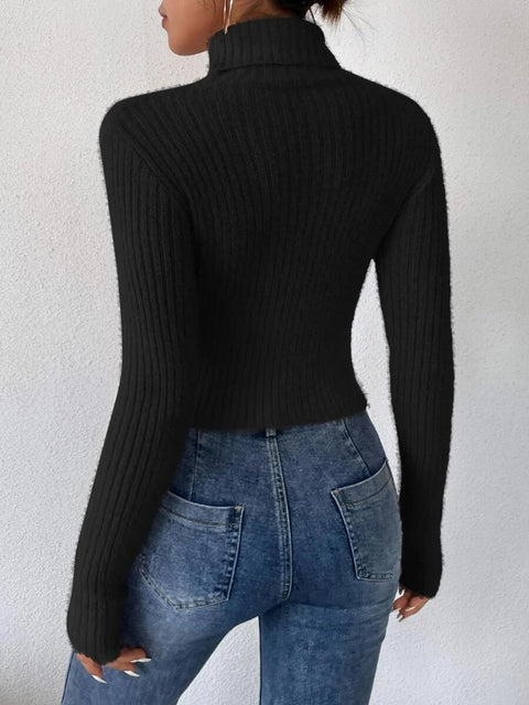 Ribbed Turtleneck Long Sleeve Sweater Trendsi