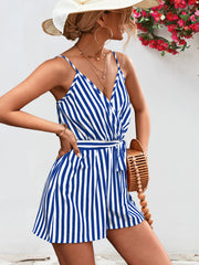 Striped Tie Waist Spaghetti Strap Romper Trendsi