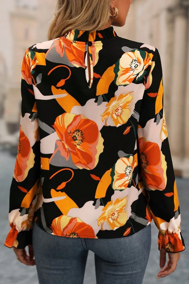 Floral Mock Neck Flounce Sleeve Blouse Trendsi