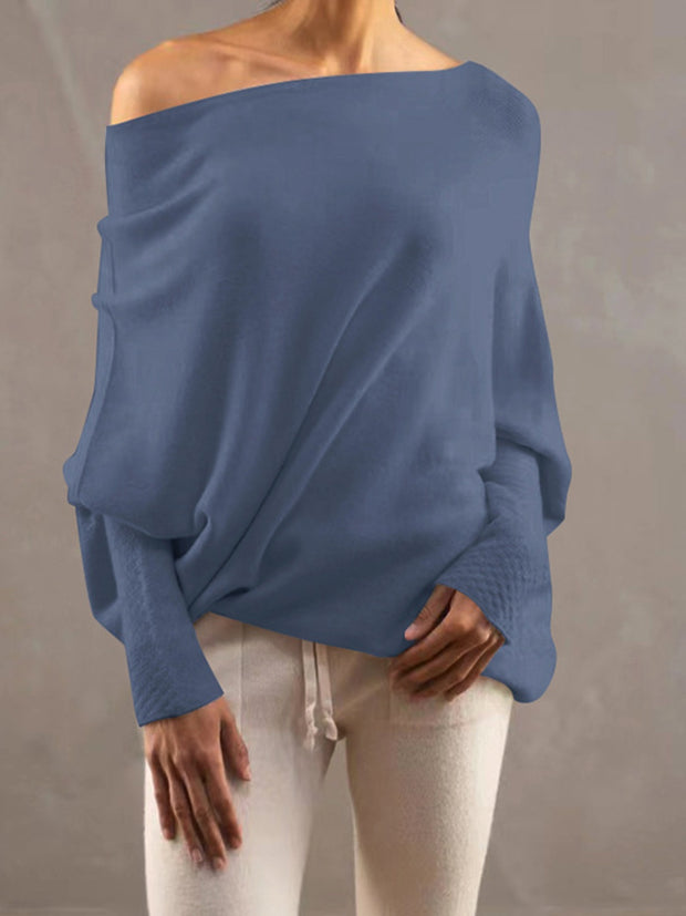 Full Size Boat Neck Batwing Sleeve Knit Top Trendsi