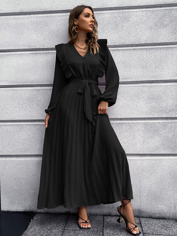 Pleated Surplice Tie Waist Maxi Dress Trendsi