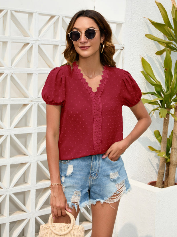 Swiss Dot Lace Detail V-Neck Blouse Trendsi