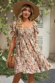 Smocked Printed Flounce Sleeve Mini Dress Trendsi