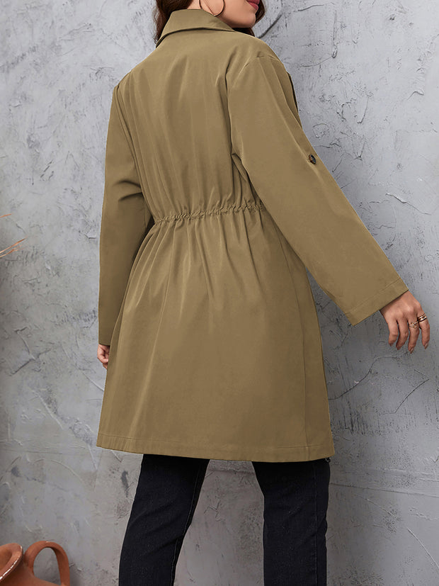 Plus Size Lapel Collar Drawstring Roll-Tab Sleeve Trench Coat Trendsi