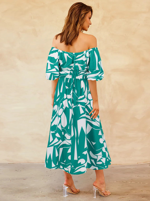 Printed Off-Shoulder Balloon Sleeve Dress Trendsi