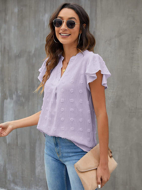 Swiss Dot Notched Flutter Sleeve Blouse Trendsi