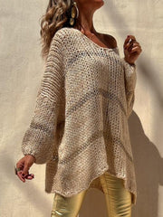 Openwork V-Neck Long Sleeve Sweater Trendsi