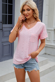 Eyelet V-Neck Short Sleeve T-Shirt Trendsi