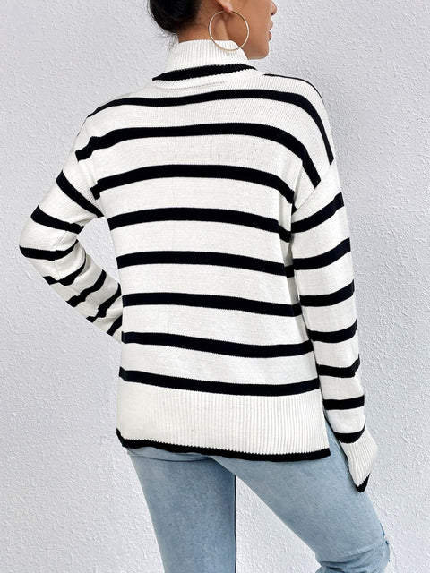 Striped Turtleneck Drop Shoulder Sweater Trendsi