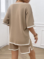 Contrast Trim V-Neck Top and Shorts Set Trendsi