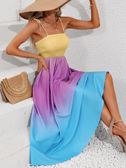 Color Block Tie Shoulder Smocked Maxi Dress Trendsi