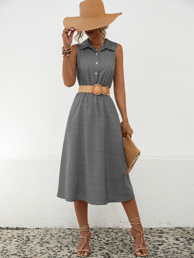 Striped Collared Neck Sleeveless Midi Dress Trendsi