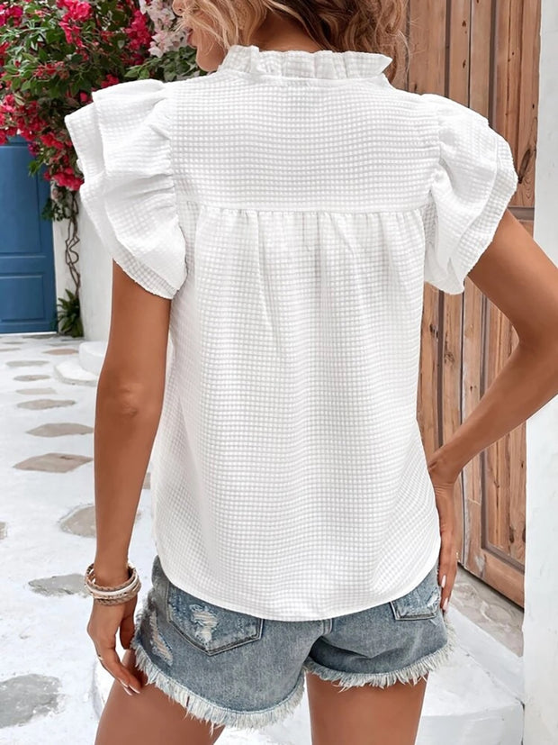 Ruffled Notched Cap Sleeve Blouse Trendsi