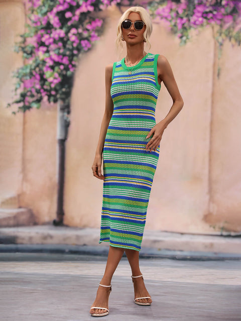 Striped Round Neck Sleeveless Midi Cover Up Dress Trendsi