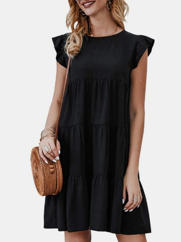 Ruffled Round Neck Cap Sleeve Mini Dress Trendsi