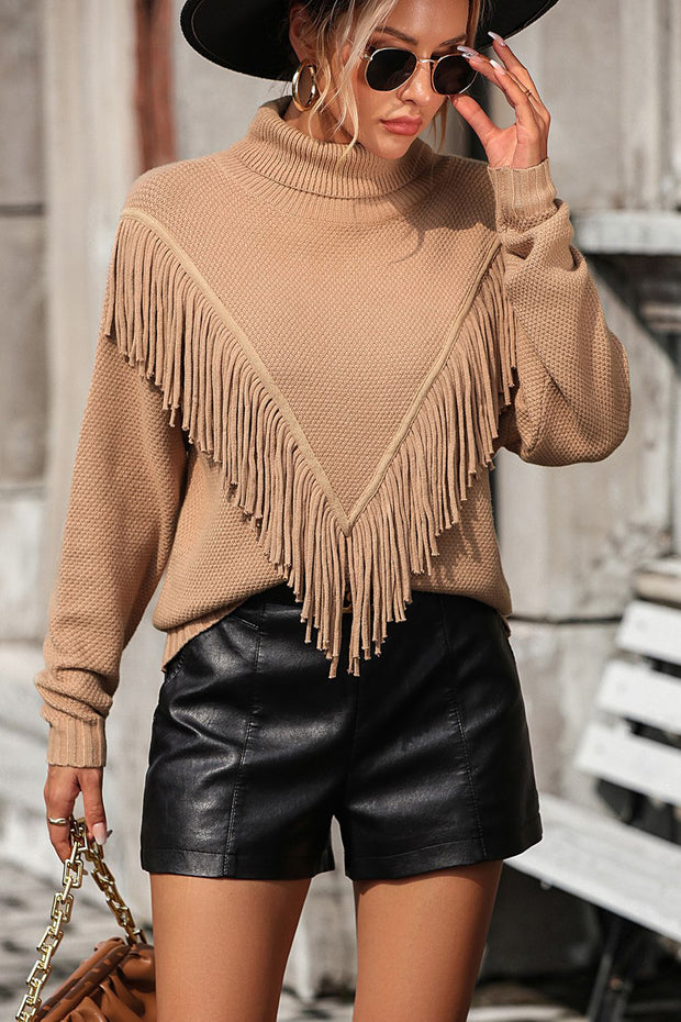 Turtle Neck Tassel Front Long Sleeve Pullover Sweater Trendsi