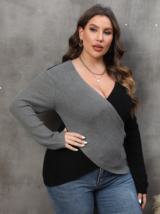 Plus Size Two-Tone Surplice Neck Sweater Trendsi