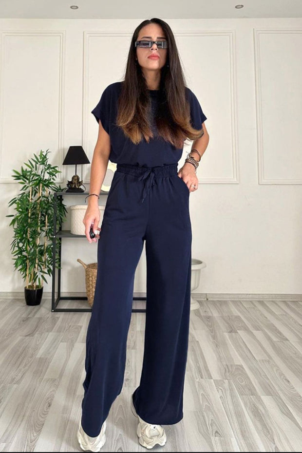 Round Neck Short Sleeve Top and Drawstring Pants Set Trendsi