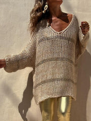 Openwork V-Neck Long Sleeve Sweater Trendsi