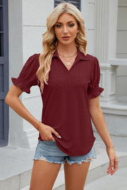 Eyelet Johnny Collar Short Sleeve Blouse Trendsi