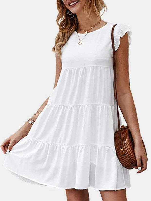 Ruffled Round Neck Cap Sleeve Mini Dress Trendsi